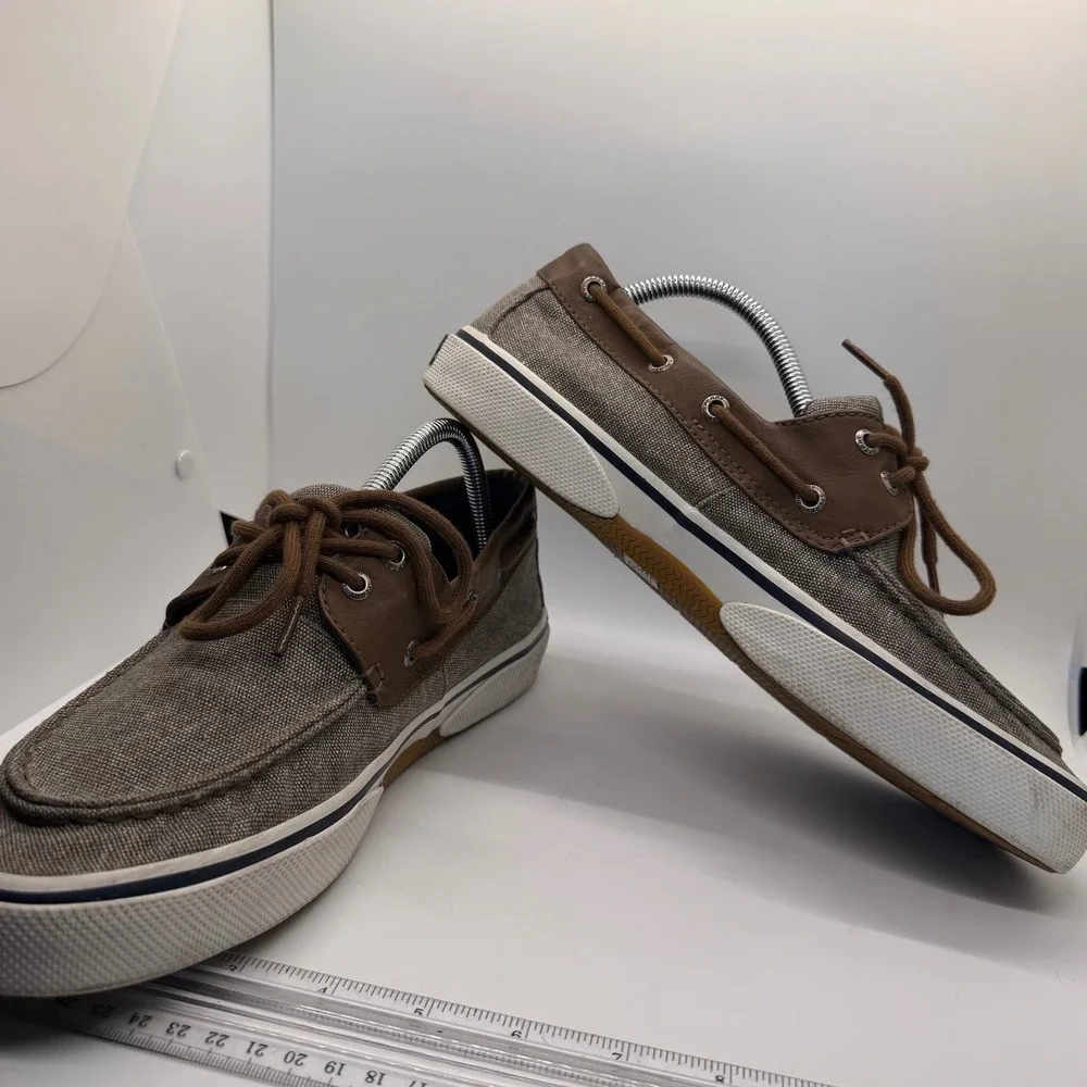 Sperry Bahama II Boat Shoes Mens 9 Brown Tan Canvas Leather Sneakers STS21489